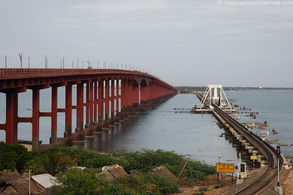 The Pamban Railway Bridge on right side and left side the road bridge.